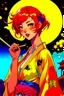 Placeholder: (Asian), short hair, fiery red hair hair, normal hands yukata, yellow clothes, 8k, best quality, winking, very dark night time, lighting from moon yellow moon, perfect, masterpiece, anime style, cartoon style,