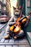 Placeholder: One single mature cat playing violin on the street, Vienna, friendly, model style, hyper realistic, extremely accurate, delicate, extremely detailed, Graphic novel style, wide-angle, open aperture, superfine pencil