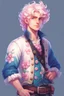 Placeholder: kind young sailor, man, white slightly curly hair, pirate shirt, pink and azure clothes, white floral pattern on jacket, flower in hair, stardew valley style
