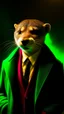 Placeholder: an otter in a brown blazer standing in front of smoke, backlit, in the style of gritty hollywood glamour, light brown and emerald, movie still, emphasis on facial expression