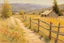 Placeholder: Sunny day, flowers, mountains, fence, distant cabin, pathway, theodore robinson impressionism painting