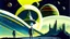 Placeholder: stlye of 1960's sci-fi book cover, alien castle on foreign planet, spaceships in the sky, stars in the universe, painted look, astronaut in the foreground walking away