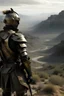 Placeholder: realistic photo of a man distant from camera in full armor adorned in Victorian style with a canyon in the background
