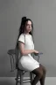 Placeholder: Billie Eilish, sitting on a chair, Black Short Dress, high detail, realistic