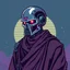 Placeholder: 8 bit pixelart of a terminator like robot, synthwave colored, vaporware, budist monk robe
