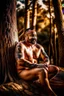 Placeholder: close up photography of a marocan 44 years old seated on a tree trunk in the wood, burly chubby muscular overweight, manly chest, white bulging boxer, shirtless, hairy , golden hour, tatoo,, 35mm lens, f/1.8, accent lighting, global illumination, frontal view from the ground