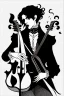 Placeholder: goth male necromancer with black hair playing a cello in the style of Aubrey Beardsley