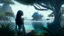 Placeholder: Detailed matte painting of a wide-angle shot of a woman, standing on the right side of an alien beach, with dark hair in a silver robotic catsuit, many large floating creatures with shells and long tentacles, alien jungle trees in the distance