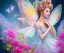 Placeholder: beautiful bright fairy portrait who smiles with long hair, thin face, two hands, two transparent wings on her back in a pink,blue, yellow flowers background,