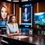 Placeholder: amodern tv studio a beautiful girl perfect face sitting next to desk in talk show looking at camera, with picture of an old man in tv screen at background