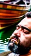 Placeholder: close up photography of a serious burly turkish fisherman sleeping sunbathing sitting in a fisher wooden boat, in boxer, manly chest, ugly, 31 years old, bullneck, beard, muscular chubby, angry eyes, photorealistic, Canon EOS, 8k