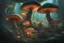 Placeholder: Exotic Flora, fauna, mushrooms, fungi and coral at the End of the Multiverse black liquid Land