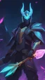 Placeholder: A close picture to aphelios holding his weapons, master weapons, neon weapons, his sister ghost behind him, league of legends art style