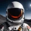 Placeholder: a close up on the helmet of a spacesuit on a moon, with reflects of a devil