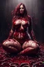 Placeholder: Huge woman with many worms from his body, sit pose, fullbody, splashes blood, behind guts rising from the ground, darkred tones, macro photography,