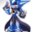 Placeholder: A sleek robotic warrior blending Neo Metal Sonic and Mega Man Zero. The design features Zero's red color scheme, with gold accents on shoulders, chest, and gauntlets, plus white highlights on the limbs. The aerodynamic body combines Neo Metal Sonic's sharp, angular edges with Zero's humanoid proportions. A glowing green plasma saber is held in one hand, while an energy cannon adorns the other. The helmet merges Zero’s crest and gem centerpiece with Neo Metal Sonic's spiked crown.