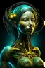 Placeholder: Create a surreal, futuristic portrait of a humanoid woman organic hair figure with a bright, skin surface. The figure’s head and upper body are partially disintegrated, revealing intricate, glowing, organic structures beneath the surface. The inner structures are illuminated with teal and golden hues, resembling bioluminescent veins or energy cores. The figure is in a contemplative pose, with one hand gently touching its chin. The background is minimal and abstract, allowing the focus to remain