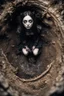 Placeholder: Closeup tall Girl goth with big eyes, fullbody, ragged clothes, behind her mud and rats, extended like roots, the perspective looking up from the bottom of an empty well , 8k,macro photography,