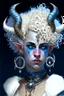 Placeholder: A young tiefling woman with a set of ram horns on her head encrusted with jewels, White-Blonde, short curly hair, black eyes, dressed in white and blue with lots of jewelry, beautiful