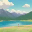 Placeholder: Summer near a lake , mountain in background pink sundown, there is a boy and girl seting together near the lake , sun shine in sky , birds flying around