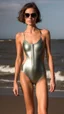 Placeholder: beautiful anorexic woman, standing frontal, full body shot, short shiny triathlon swimsuit, wavy bob haircut, photographed in front of concrete, raw