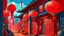 Placeholder: fantasy cartoon style illustration: red lanterns and decorations on doors and windows in a small Chinese mountain village