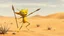 Placeholder: a funny little creature that dance in a desert, the creature is yellow and green, have big eyes and long legs, he likes to dance and jump with his spear, he ls little evil and likes to scream "Musta", and have a big mouth sharp teeth