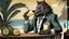 Placeholder: A werewolf drinking a Pina Colada at Trader Vic's. He is well dressed and his hair is combed immaculately. Illustration.