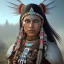 Placeholder: war painted pueblo Indian female, dark, disturbed expression, 12k, ultra high definition, finely tuned detail, unreal engine 5, octane render, ultra realistic face, ethnically accurate face, intricate head dress, detailed make-up, detailed turquoise jewelry, detailed hair, detailed feathers, use dynamic palette, accurate proportions, high contrast, black smokey bokeh background