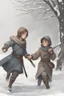 Placeholder: DnD style, two medieval peasant kids playing in the snow male and female, age 14 and 15, happy and playful, he has a short sword.