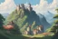 Placeholder: Nature, mountain in the horizon,castle in the distance, ghibli style