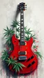 Placeholder: A red electric guitar with weed leaves in the background and smoke , graffiti art, splash art, street art, spray paint, oil gouache melting, acrylic, high contrast, colorful polychromatic, ultra detailed, ultra quality, CGSociety, plant based skink,