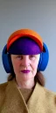 Placeholder: Whole real woman in the image. she has plum-blue-magenta-camouflage mantel and simple orange felt bolero.Felt cloth visor with tippet cobalt blue. SMALL FELT CAP is merged to Old AKG headphones with recognizable Golden rings! cloth materials are denim and felt cloth mixed. Fashion 2023. Colors: Cream white, zinc plate, red ochre, ochre, orange, cobalt blue, purple, lilac. Thick tights. Thick calves. She is in figure from top to toe.