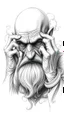 Placeholder: 𝙋𝙧𝙤𝙢𝙥𝙩 highly detailed graphite illustration, A surreal old woman figure with exaggerated anatomical features, heavily wrinkled skin, and an intense, contemplative expression. bald head, thick eyebrows, long beard merge into swirling abstract shapes. Large, expressive hands, gripping the forehead tensely. Mysterious, introspective, dreamlike, somewhat dark fantasy. #𝙙𝙧𝙚art #prompt