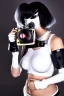 Placeholder: Cyber-punk style random-mask. Large fencing mask covers cheeks. Trim girls. Reflective white plastic skin. Camera lenses as eyes. Head full of integrated old-fashioned cameras. Golden to cyan surfaces body, latex. Perfect body, thick thighs and calves. Asa Akira. SElfie with old-fashioned cameras in both hands. Wide hip, skirt bleats nicely. Camera at mons veneris. Partly symmetrical. Cameras hanging on wide plastic belt. Euclidean 3D-tiling walls. Fractals. Chaos. Minimalism. surveillance