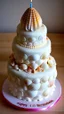 Placeholder: birthday cake shaped like a shell, decorated with shells and candles, in Hawaii beach, hyper realistic, in broad daylight, intricate details