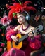 Placeholder: Gorgeous Realistic Photograph Pretty European Supermodel Beautiful, a stunning adorned in vibrant luxury carnival attire, headphones,playing acoustic guitar sitting in chair park flowers,ethereal beauty, black background, with swirling colors and fantastical tiny flowers, enchantment and grace, twisted vines, whimsical, surreal landscapes, emotive style, dreamlike quality, and magical realism, carnival red, ethereal pink, whimsical blue, vibrant green, celestial purple, golden amber