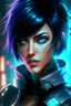 Placeholder: Fiora from league of legends in style cyberpunk, blue eyes And black short hair