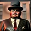 Placeholder: A 1930s Italian-American businessman with a bowler hat and a suit. He is obese and sad