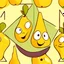 Placeholder: A pear in the shape of a funny, laughing cartoon character dressed as a young man, an equilateral square character