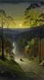 Placeholder: A black district in the shadows designed in Australian aboriginal art painted by John Atkinson Grimshaw