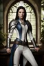 Placeholder: pale skin, Realistic photography, realism, model figure, female half elf, attractive, dark hair, long and subtle stylish layer straight hair style, front view, intricate white leather armor with blue streaks, dark aristocrat pants, standingblue detailed plating, detailed part, brown dark eyes, green garden background behind window, dawn, full body shot, looking at viewer