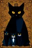 Placeholder: create six stylized angular cats in various sizes, arranged against an ornate, textured background with swirling mosaic-like gold and bronze patterns. Glowing amber/yellow eyes contrast with their dark bodies — one large black cat, one blue-tinted cat, smaller cats in indigo and charcoal tones, one with a white face. Modern geometric style, simplified shapes. Background inspired by Byzantine art and stained glass, intricate metallic textures. Decorative, elegant, luminous atmosphere --ar 3:2 --v