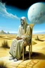 Placeholder: portrait of tall god looks like human but 4 times bigger than normal humans with shining eyes in full clothes, clothes like Arabs in desert. Their face is covered in white shall only their eyes are out. Sitting on a stone chair by Dali