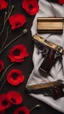 Placeholder: Two gold pistols and a red notebook on a white scarf. A field of red poppies. Close-up from above.cinematic.dark mood