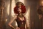 Placeholder: full body shot of a skinny Cleopatra, with a bob red hairstyle, standing in a steampunk setting.