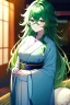 Placeholder: girl, masterpiece, best quality, cinematic lighting, detailed outfit, vibrant colors, perfect eyes, green eyes, long hair, green hair, messy hair, hair between eyes, indoors, depth of field, ray tracing, kimono,