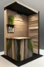 Placeholder: Corner exhibition stand in eco-style, with wood elements and meeting areas