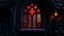 Placeholder: medieval red cut glass window in witch cottage, night, 8k, high quality, trending art, trending on artstation, sharp focus, studio photo, intricate details, highly detailed, by tim burton