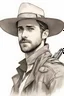 Placeholder: ryan gosling as a gunslinger wearing mexican poncho, wearing a leather hat, face is shaded by the hat, disco elysium art style